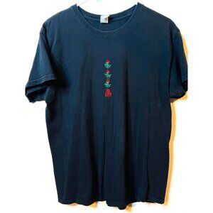Gildan Heavy Cotton Black Graphic T-Shirt "No Love" Rose Embroidery Womens L